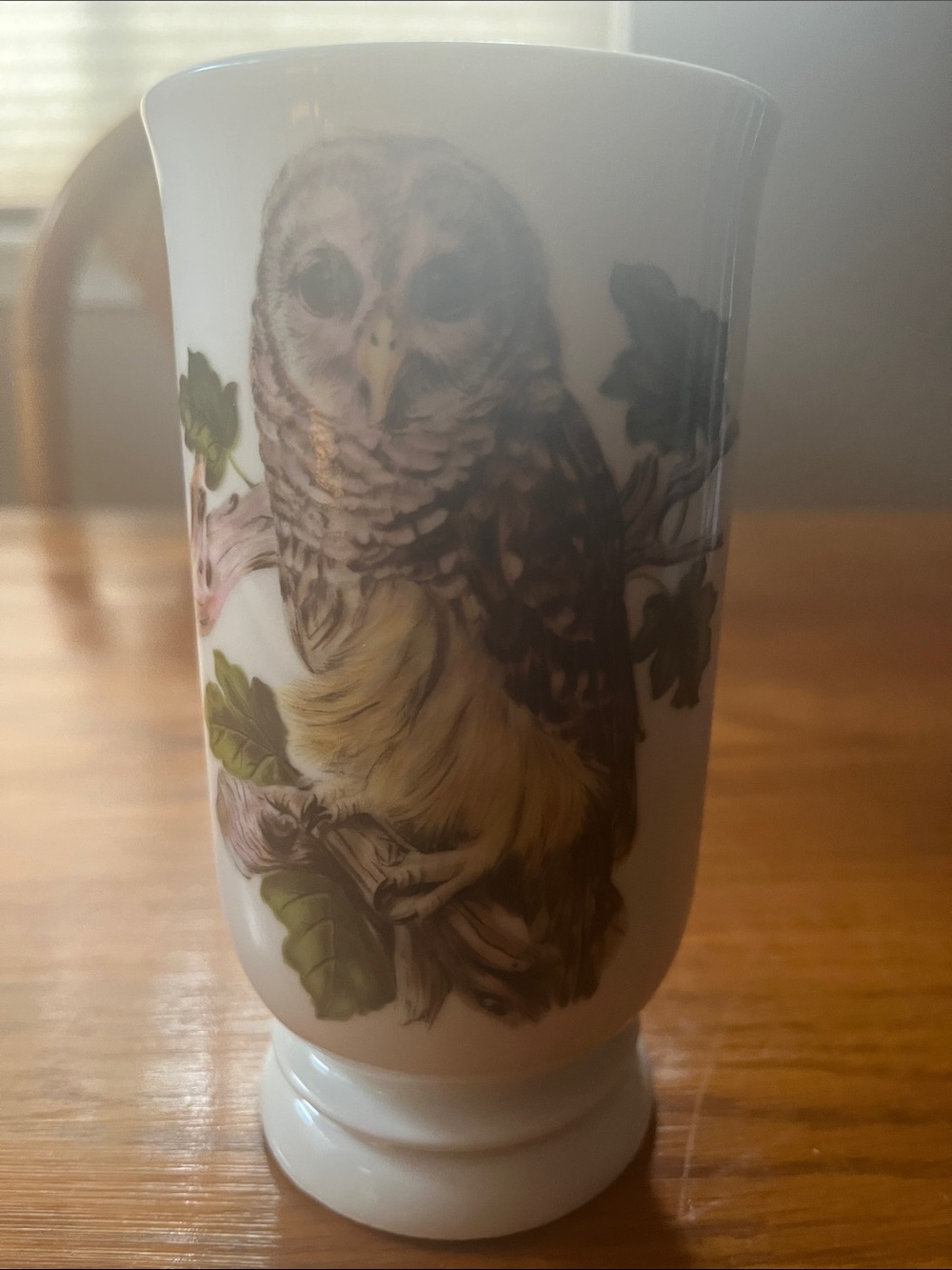 Goebel White Porcelain Vase with Brown Owl and Green Leaves